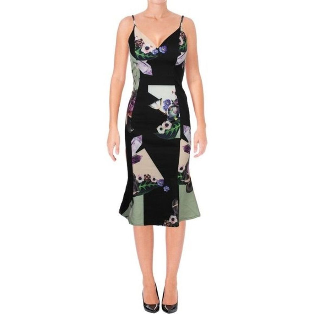 Bariano Australia Black Floral Midi Dress Tulip Hem‎ Size XS
